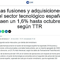 Las fusiones y adquisiciones del sector tecnolgico espaol caen un 1,6% hasta octubre, segn TTR